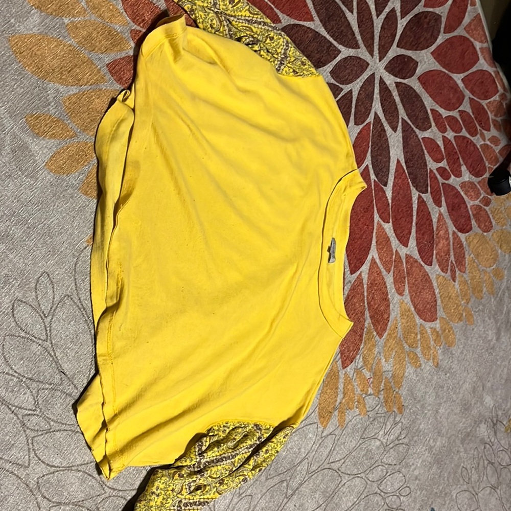 yellow long sleeve shirt with patterned sleeves